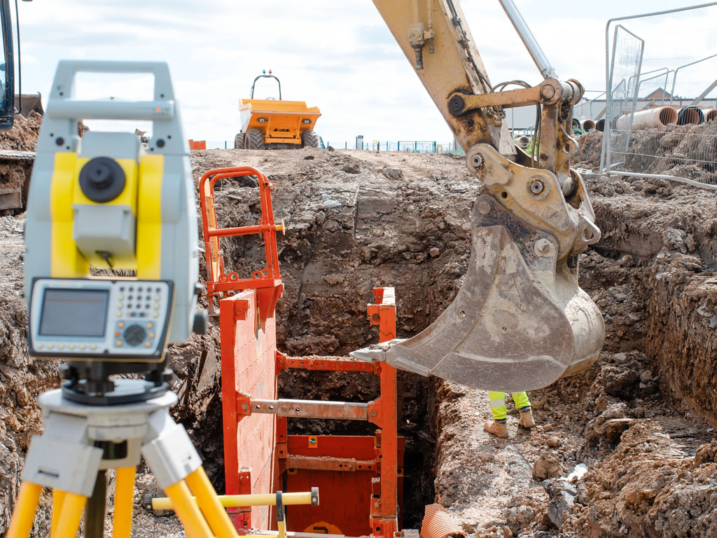 Deep,Drainage,Excavation,Works,,With,Red,Trench,Support,Box,Installed