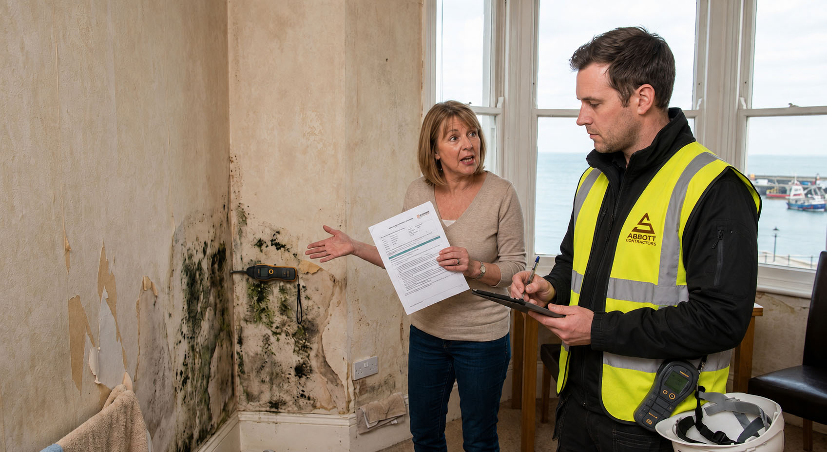 Damp and Mould Services and Surveys Folkestone Kent A damp and mould surveyor discussing damp issues with a landlord in Folkestone, Kent.