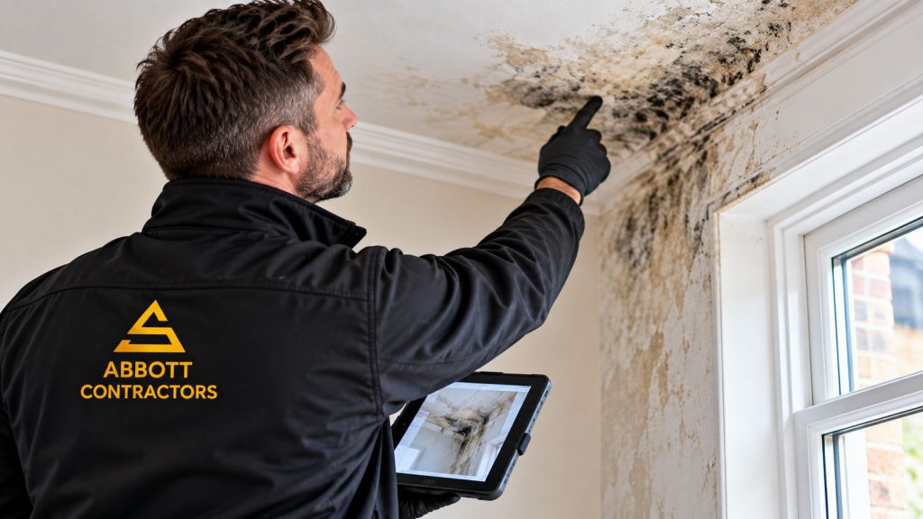 Abbott Contractors technician inspecting damp and mould damage around a ceiling and window