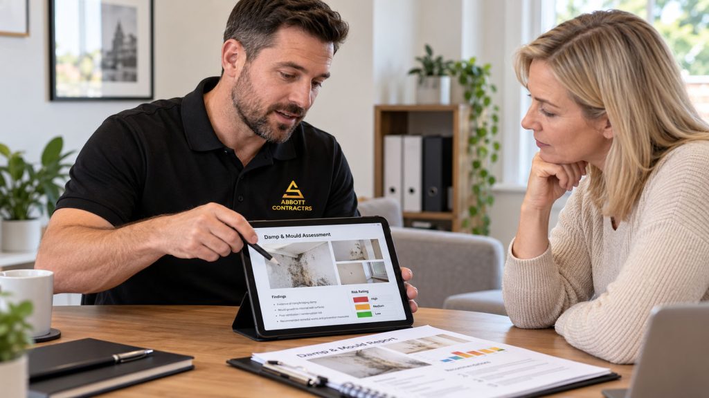 Abbott Contractors representative reviewing a damp and mould assessment report with a property owner