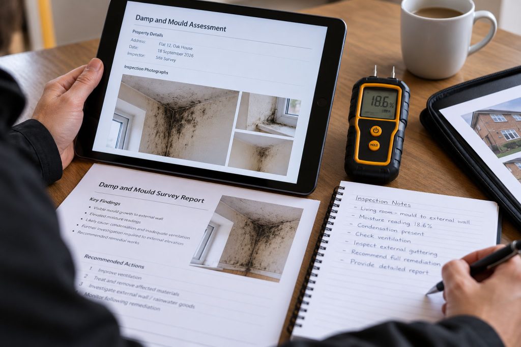 Professional damp and mould survey report with moisture readings, inspection photographs and recommended actions