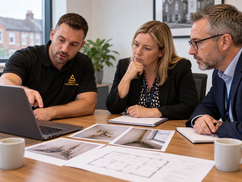 Abbott Contractors representative reviewing damp and mould findings with housing association professionals