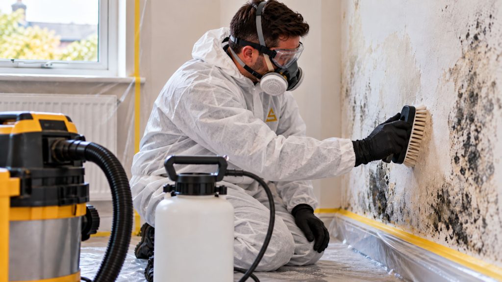 Abbott Contractors technician carrying out professional mould remediation using protective equipment