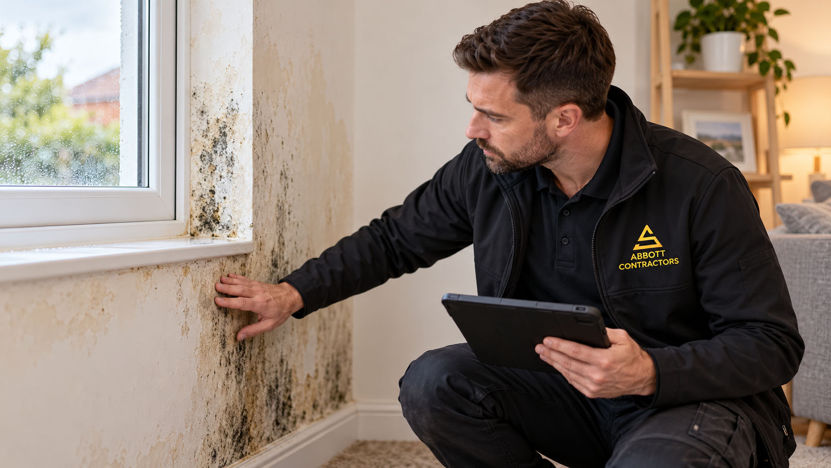 Recurring Damp and Mould Inspection – Abbott Contractors Abbott Contractors surveyor inspecting recurring damp and mould around a window